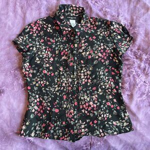 Pink & Black floral 100% silk JONES NEW YORK 90s collared button up blouse